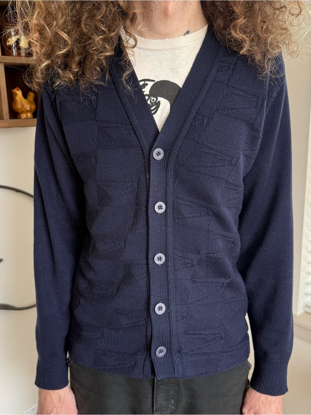 Vintage 90s USPS Postal Clerk Navy Blue Cardigan Abstract Geometric ~ Size Small